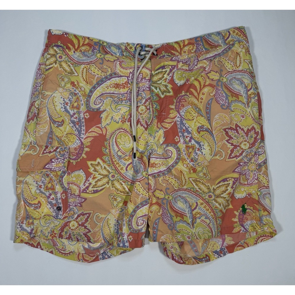 Polo Ralph Lauren Mens XL Paisley Swim Trunks Orange Yellow Floral Pattern
